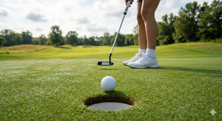 Jogador de golfe a preparar uma tacada num campo em Portugal