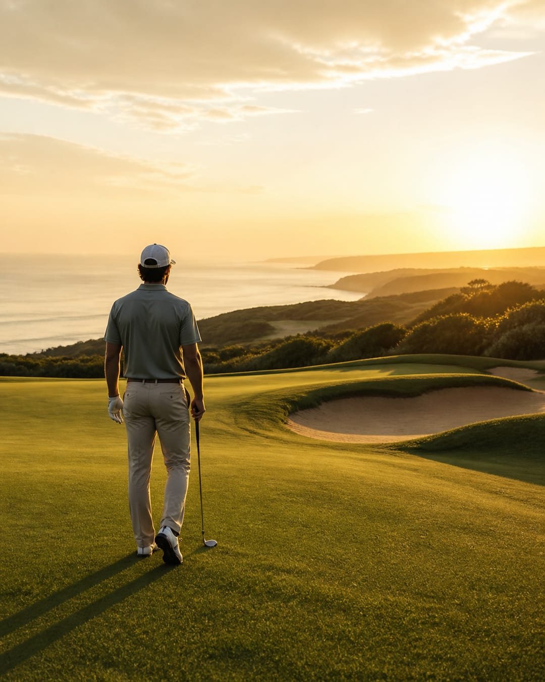 Jogador de golfe a caminhar num campo junto ao mar ao nascer do sol