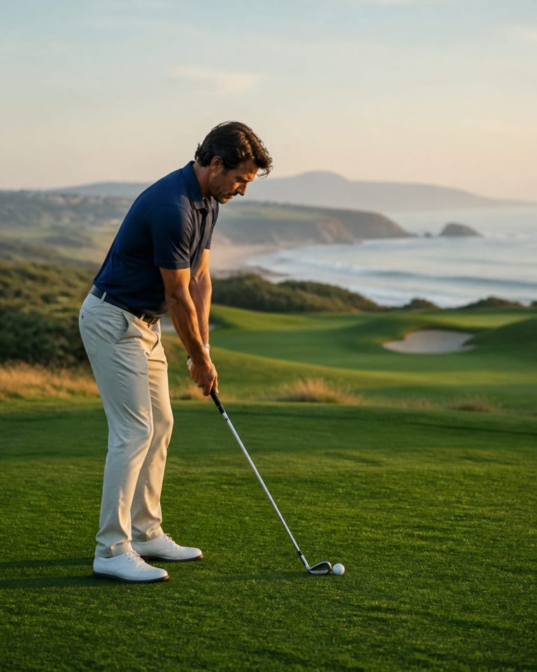 Jogador concentrado a preparar uma tacada num campo de golfe junto à costa