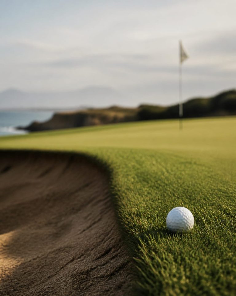 Bola de golfe junto ao limite do green e de um bunker com a bandeira ao fundo