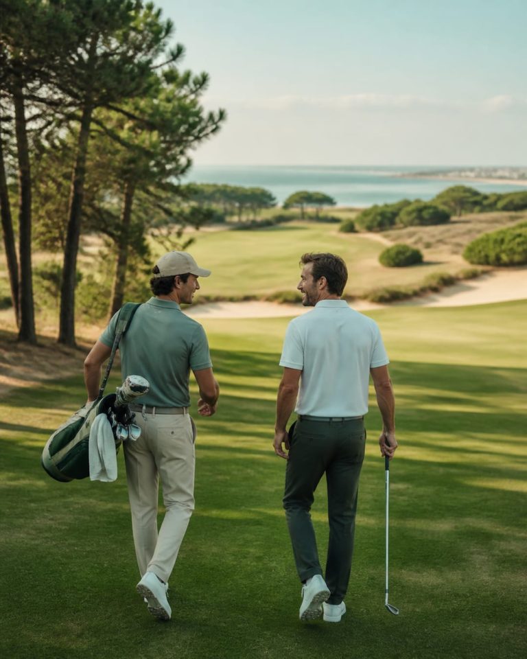 Dois jogadores a caminhar e conversar num campo de golfe junto ao mar