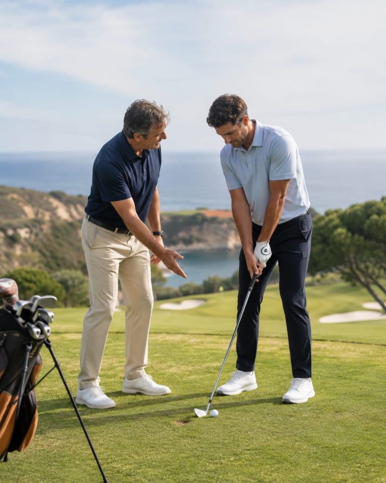 Jogador iniciante a aprender golfe com um treinador num campo português