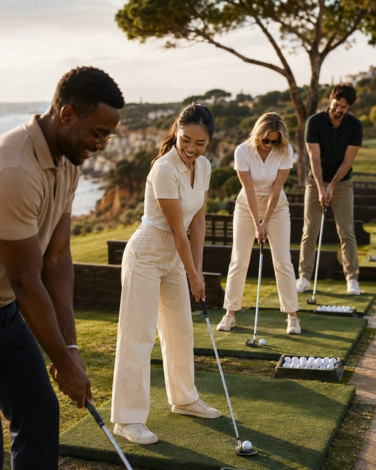 Grupo de adultos a experimentar golfe num driving range com ambiente descontraído