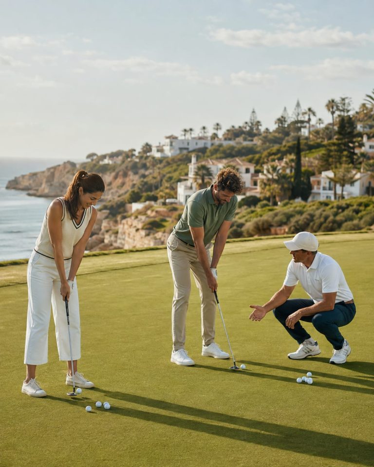 Jogadores iniciantes a praticar uma primeira tacada de golfe com acompanhamento